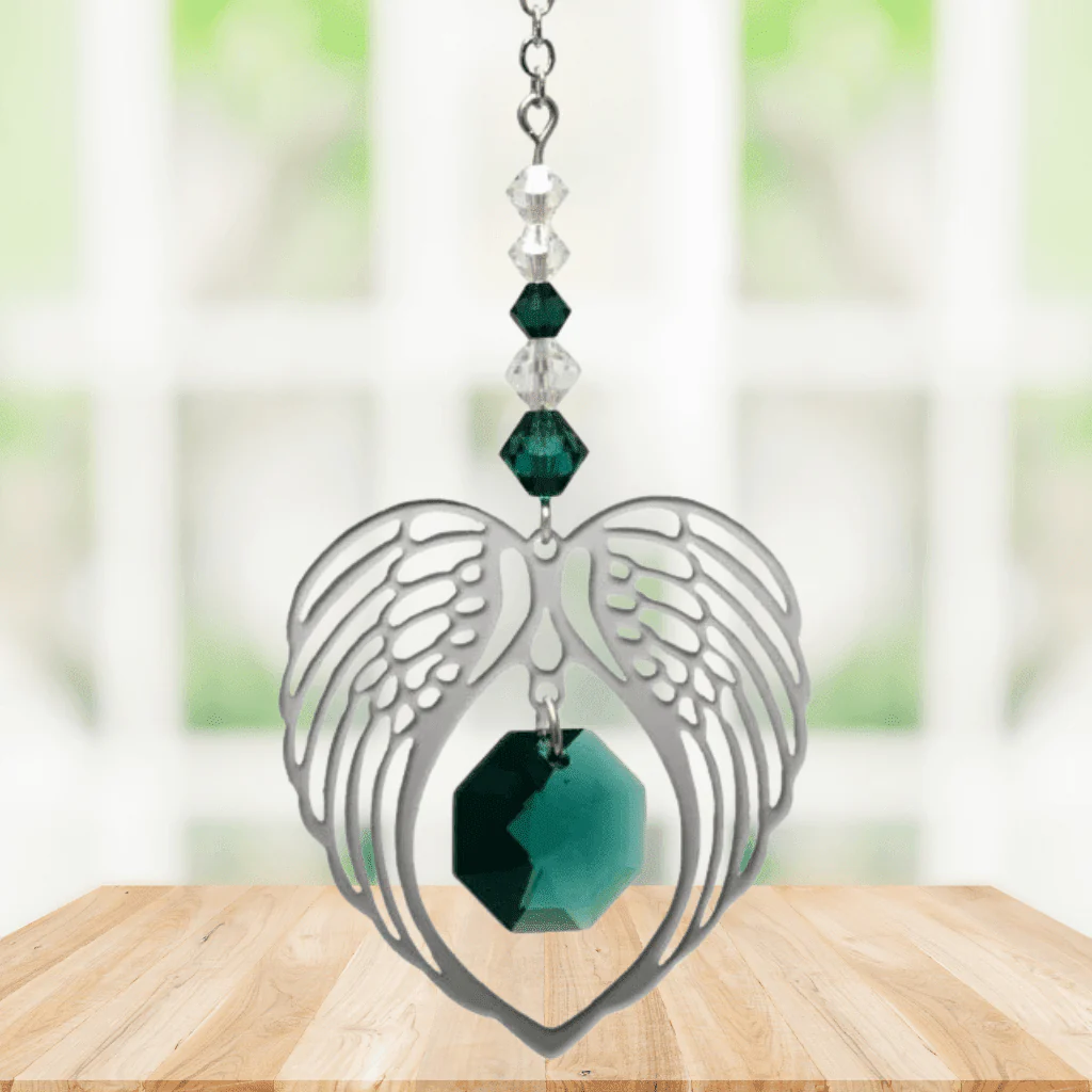 Wild Things Emerald Angel Wing Heart Suncatcher – May Birthstone Gift - Image 2