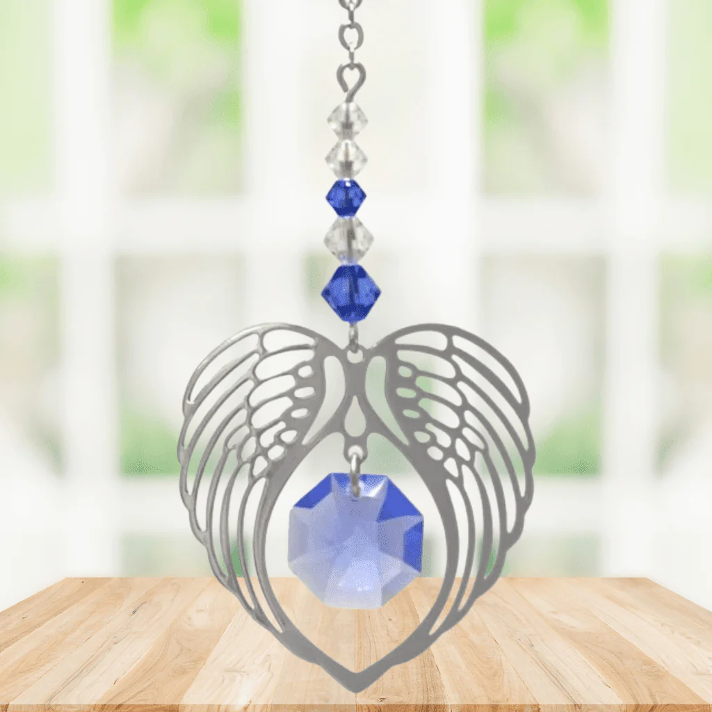 Wild Things Sapphire Angel Wing Heart Suncatcher – September Birthstone Gift - Image 2