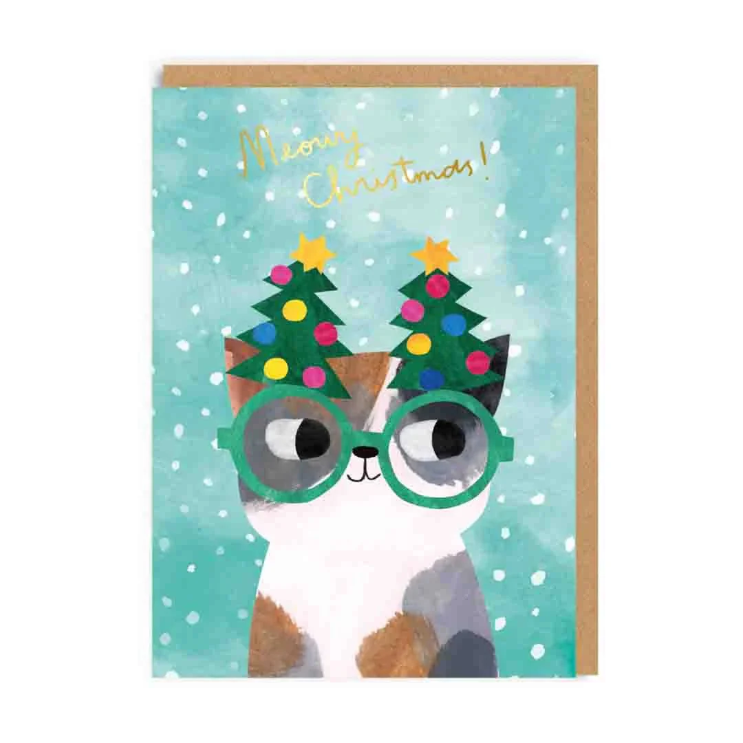 Cat in Tree Glasses Christmas Card