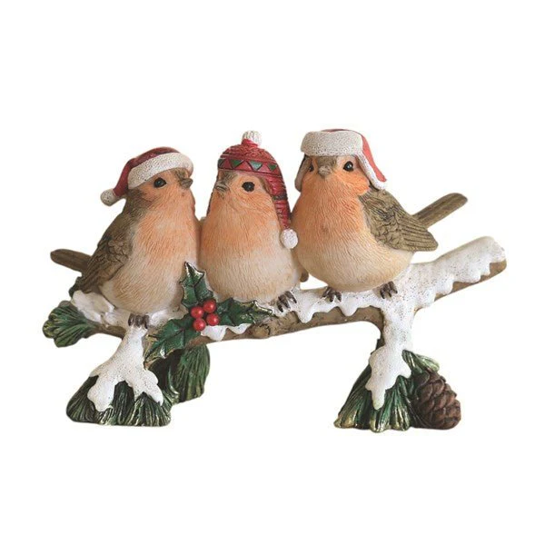 Christmas Robins on Snowy Log Ornament 9x14cm