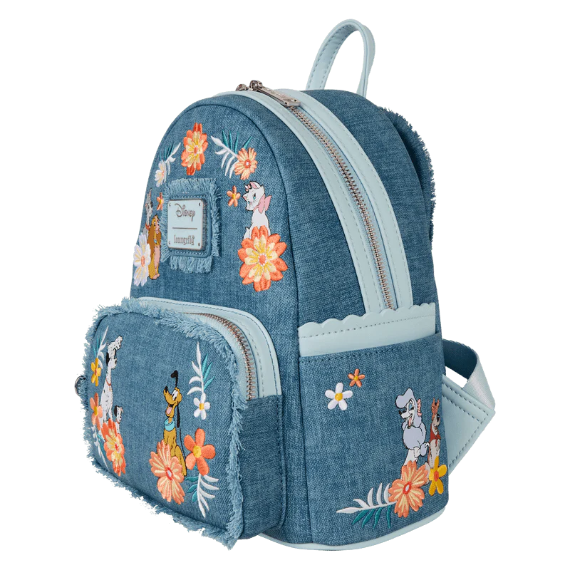 Loungefly Disney Dogs & Cats Floral Faux Denim Fringe Mini Backpack - Image 2