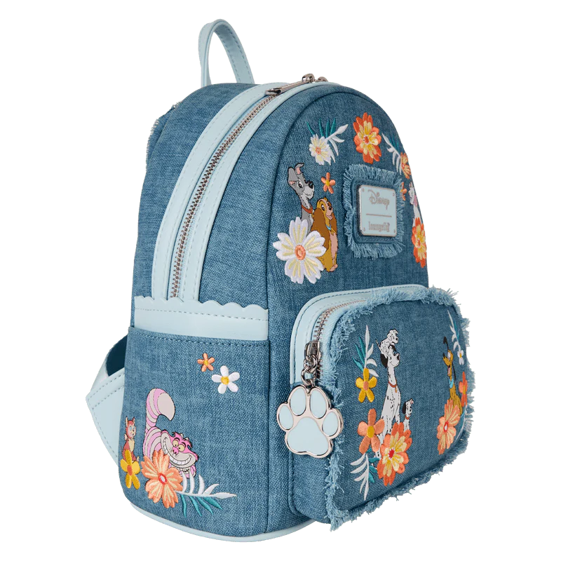 Loungefly Disney Dogs & Cats Floral Faux Denim Fringe Mini Backpack - Image 3