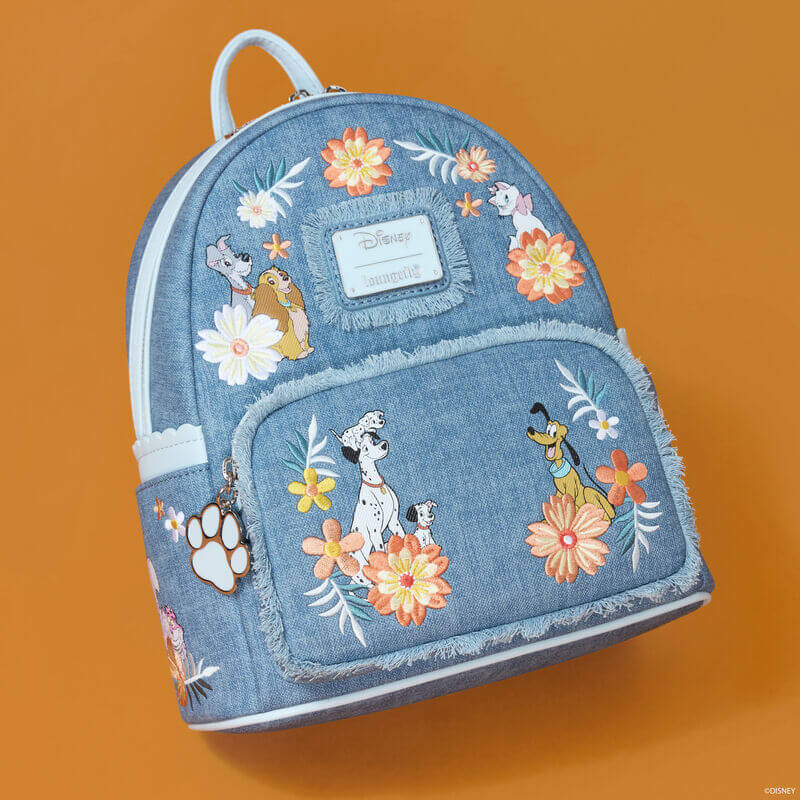Loungefly Disney Dogs & Cats Floral Faux Denim Fringe Mini Backpack - Image 7