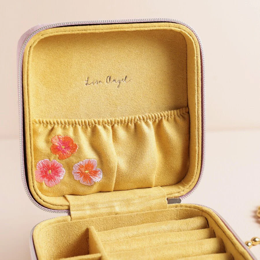 Lisa Angel Embroidered Flower Square Travel Jewellery Case in Pink - Image 3
