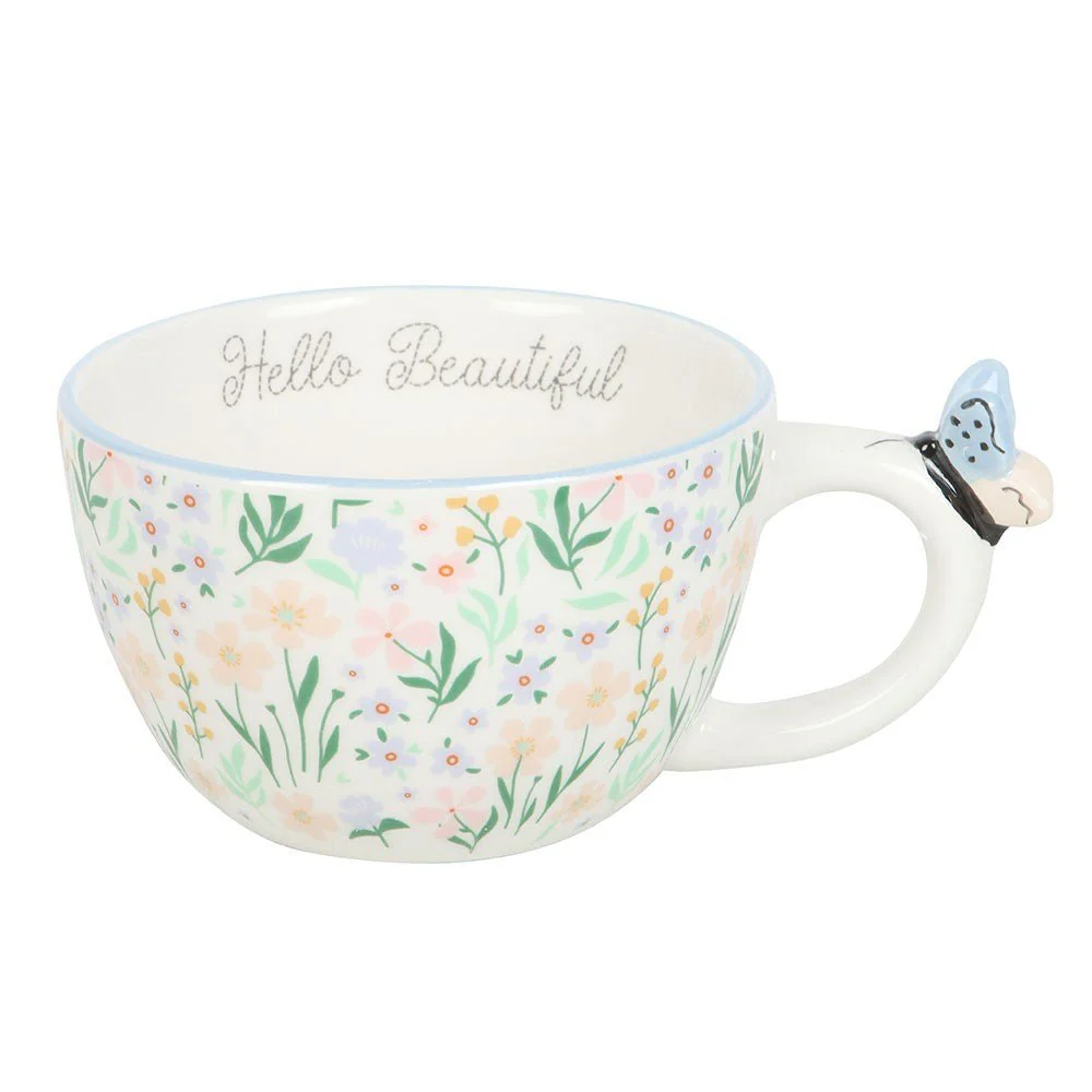 Hello Beautiful Ditsy Floral Print Mug with Butterfly - Image 5