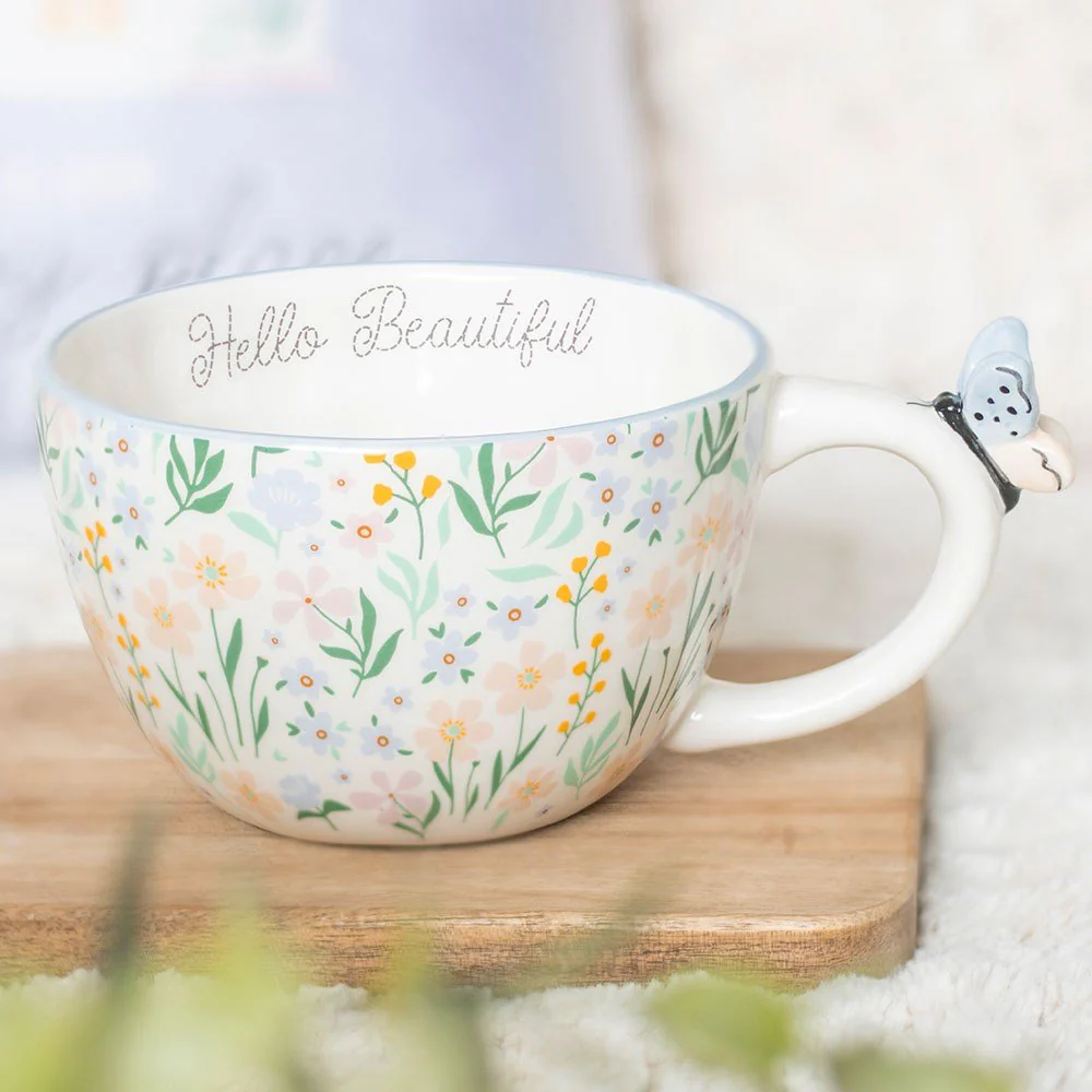Hello Beautiful Ditsy Floral Print Mug with Butterfly - Image 6