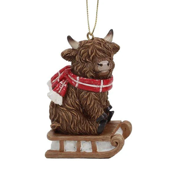 Highland Cow Sledge Christmas Tree Decoration β 9cm