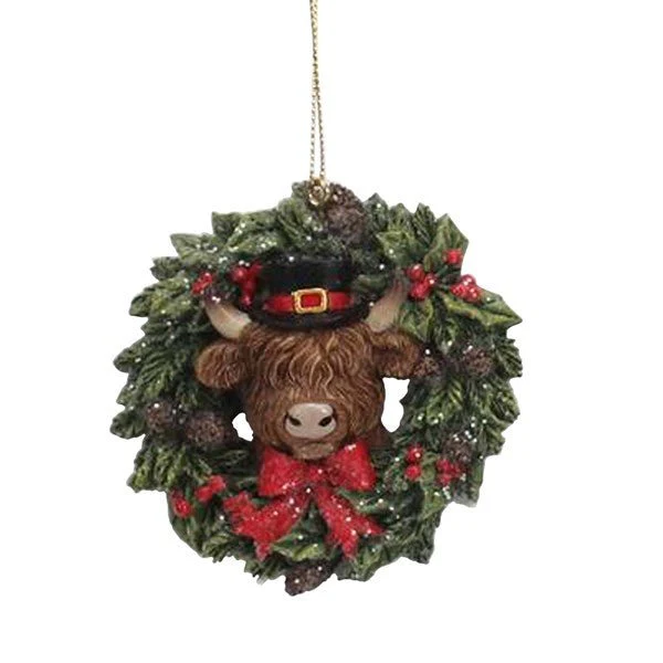 Highland Cow Wreath Christmas Tree Decoration β 8cm