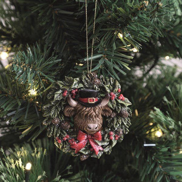 Highland Cow Wreath Christmas Tree Decoration β 8cm - Image 2