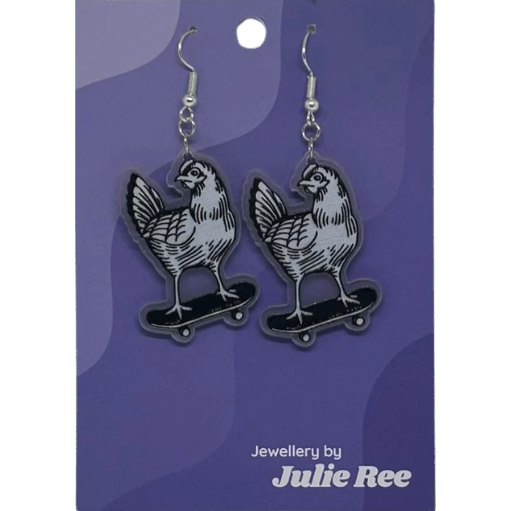 Julie Ree Earrings - Skateboarding Chicken