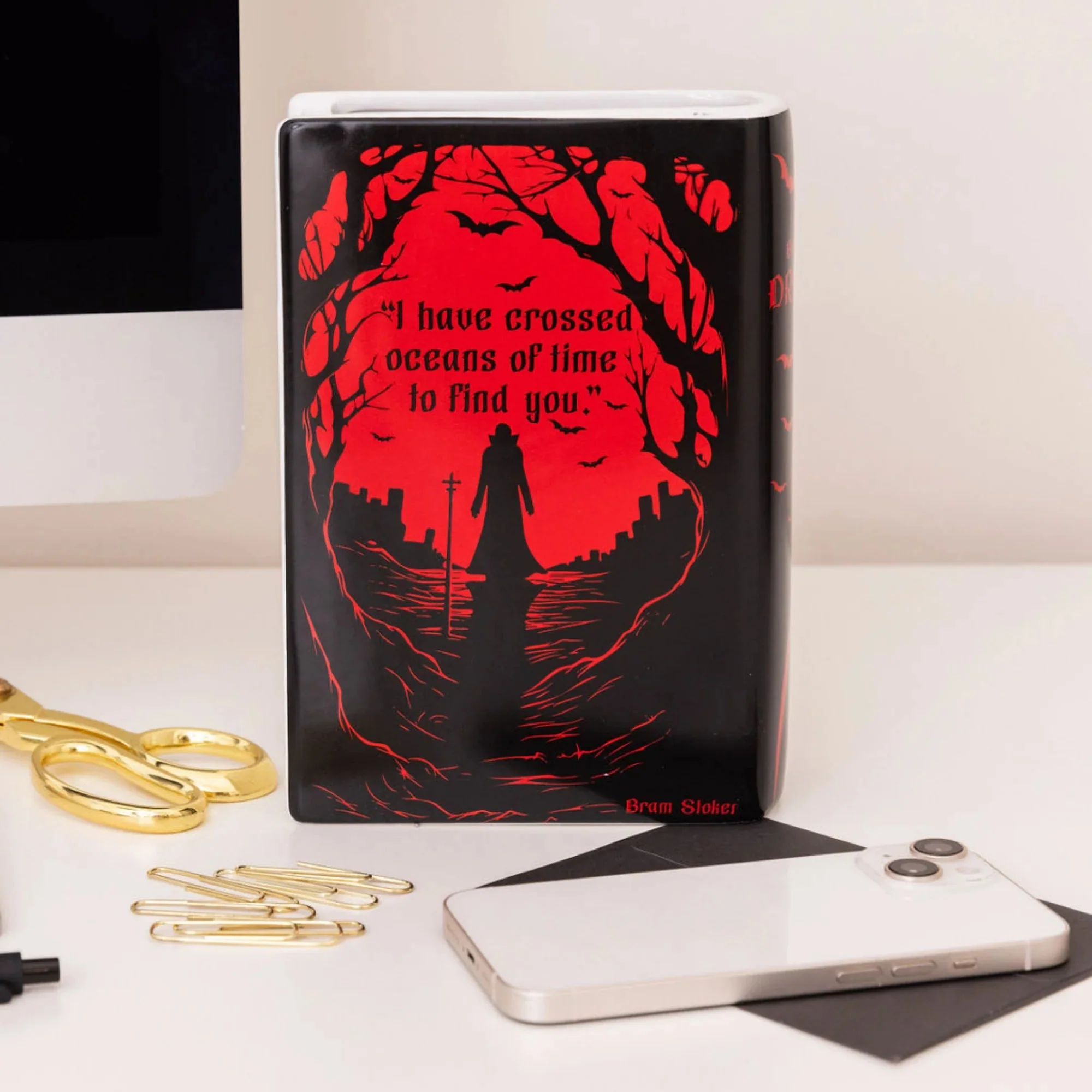 Dracula Ceramic Book Vase – Gothic Red and Black Vase - Image 3