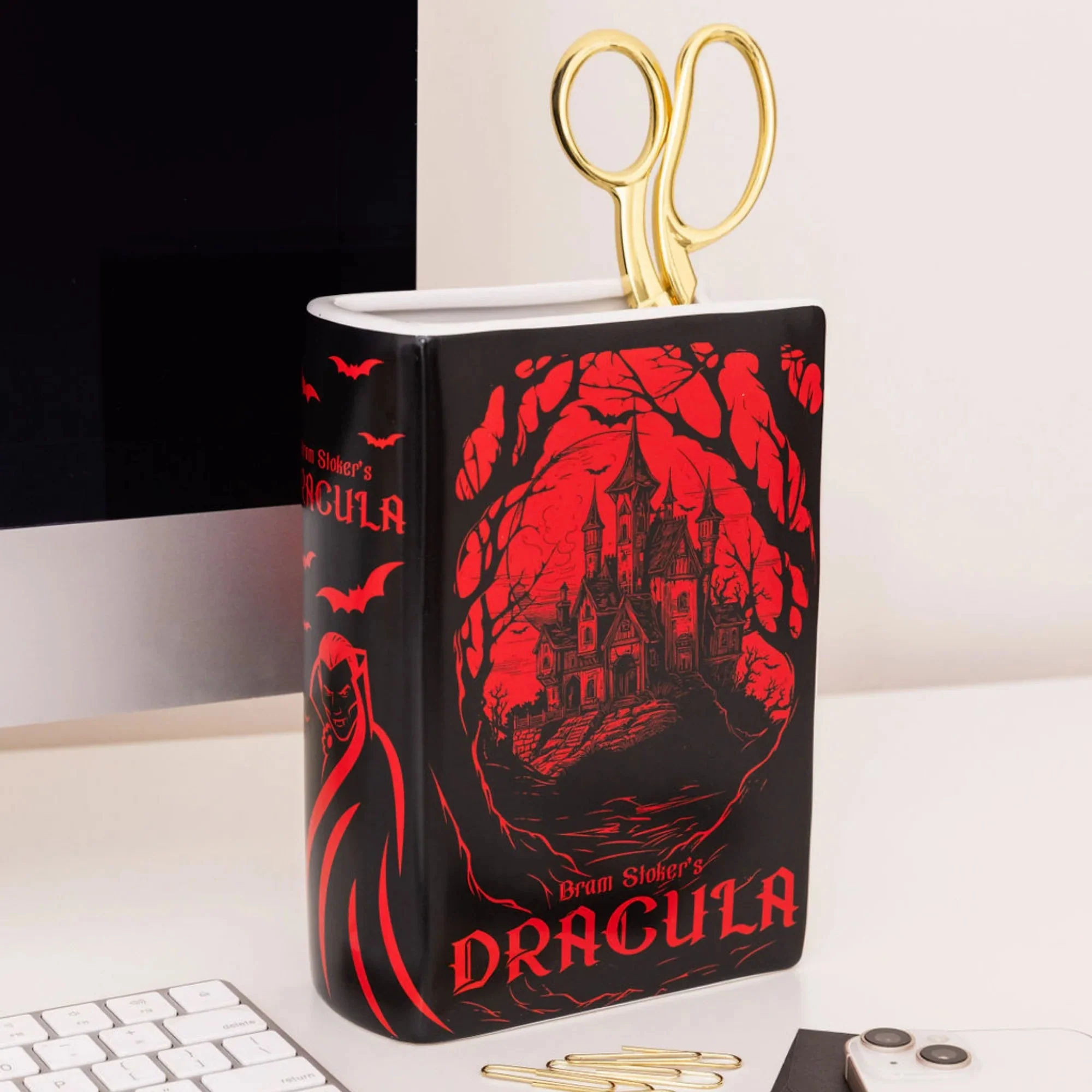 Dracula Ceramic Book Vase – Gothic Red and Black Vase - Image 4