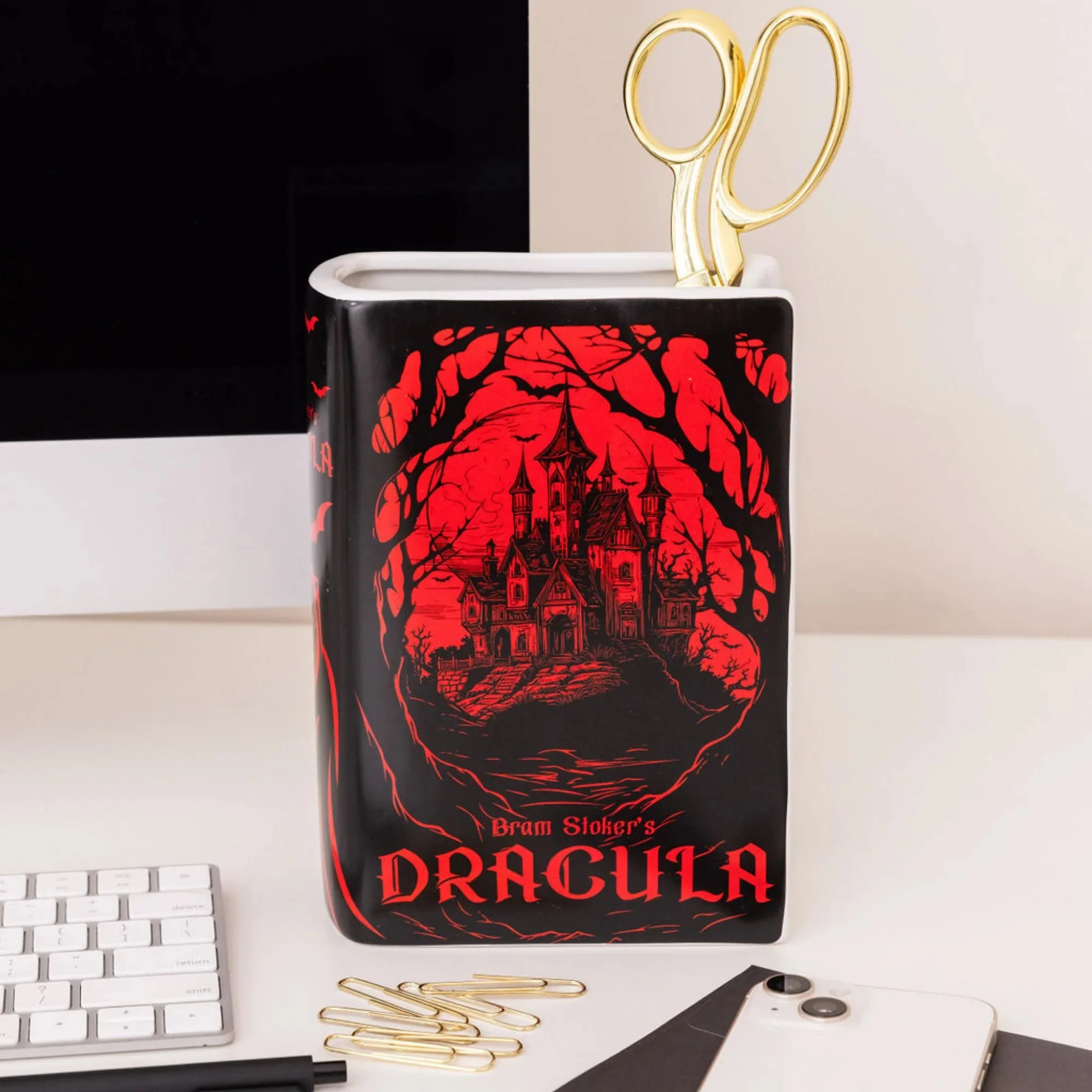 Dracula Ceramic Book Vase – Gothic Red and Black Vase - Image 5