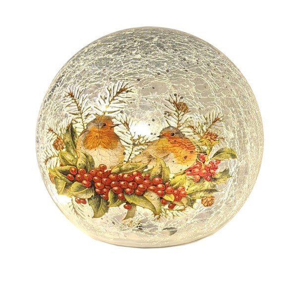 LED Crackle Glass Ball Robin 12cm Christmas Decoration