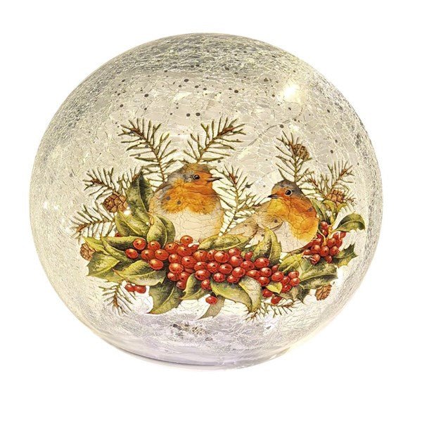 LED Crackle Glass Ball Robin 15cm Christmas Decoration