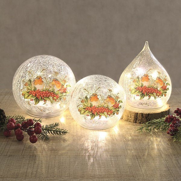 LED Crackle Glass Ball Robin 12cm Christmas Decoration - Image 2