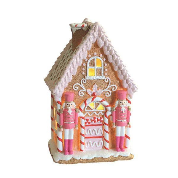 LED Pink Gingerbread House with Nutcrackers