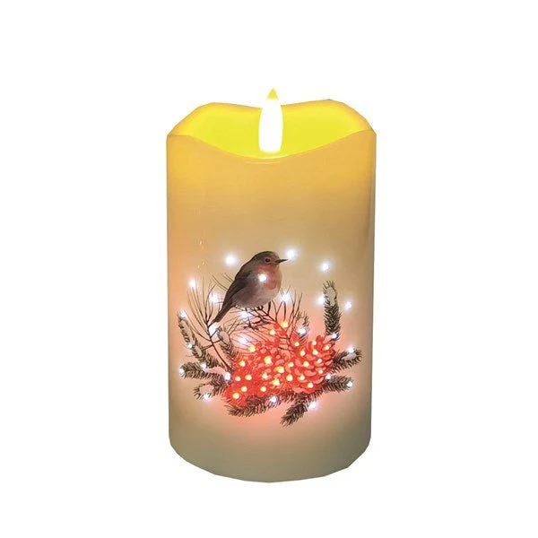 LED Robin Pillar Candle – 7.5 x 12.5cm