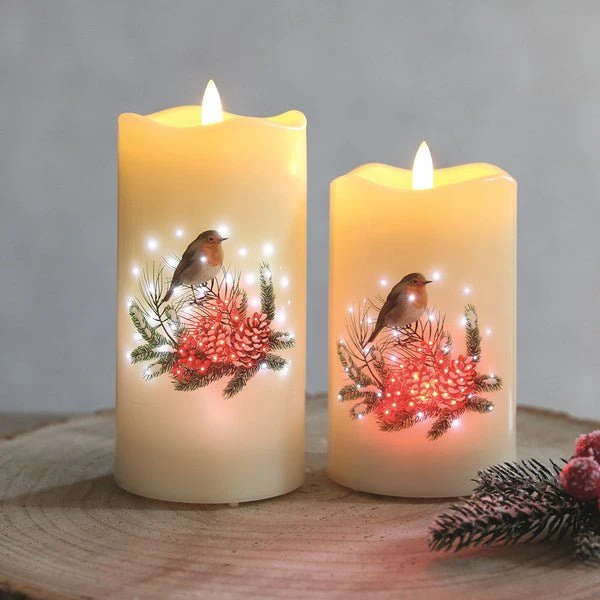 LED Robin Pillar Candle – 7.5 x 12.5cm - Image 2
