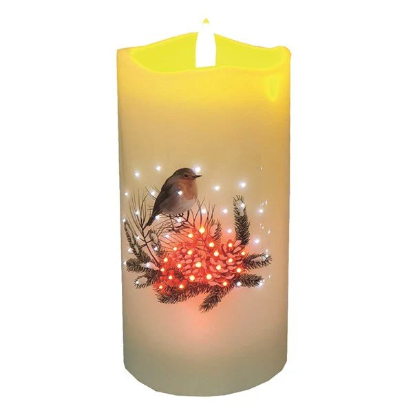 LED Robin Pillar Candle β 7.5 x 15cm