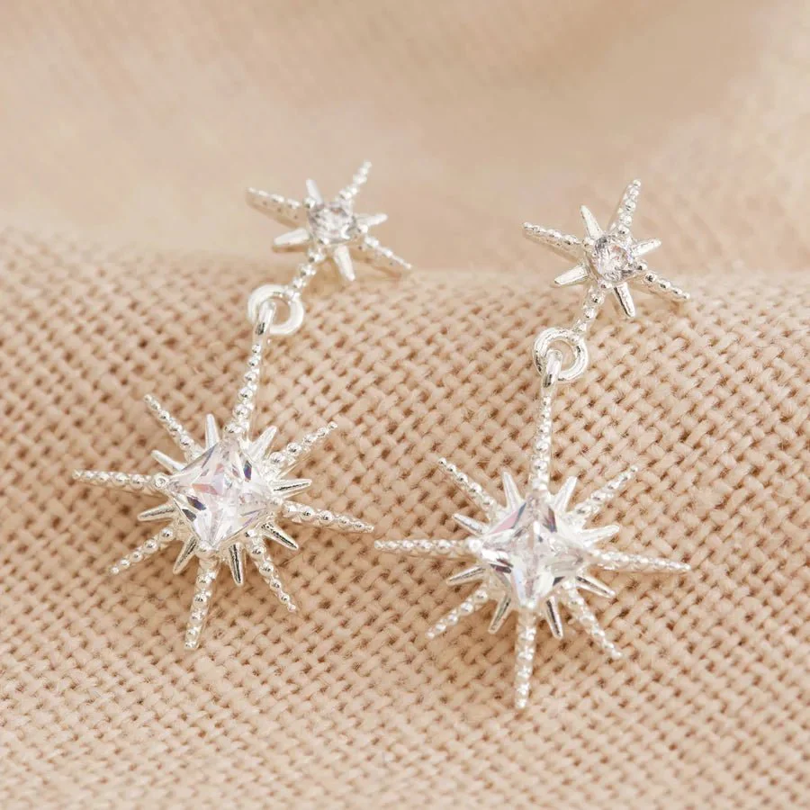 Lisa Angel Crystal Double Star Drop Earrings in Silver
