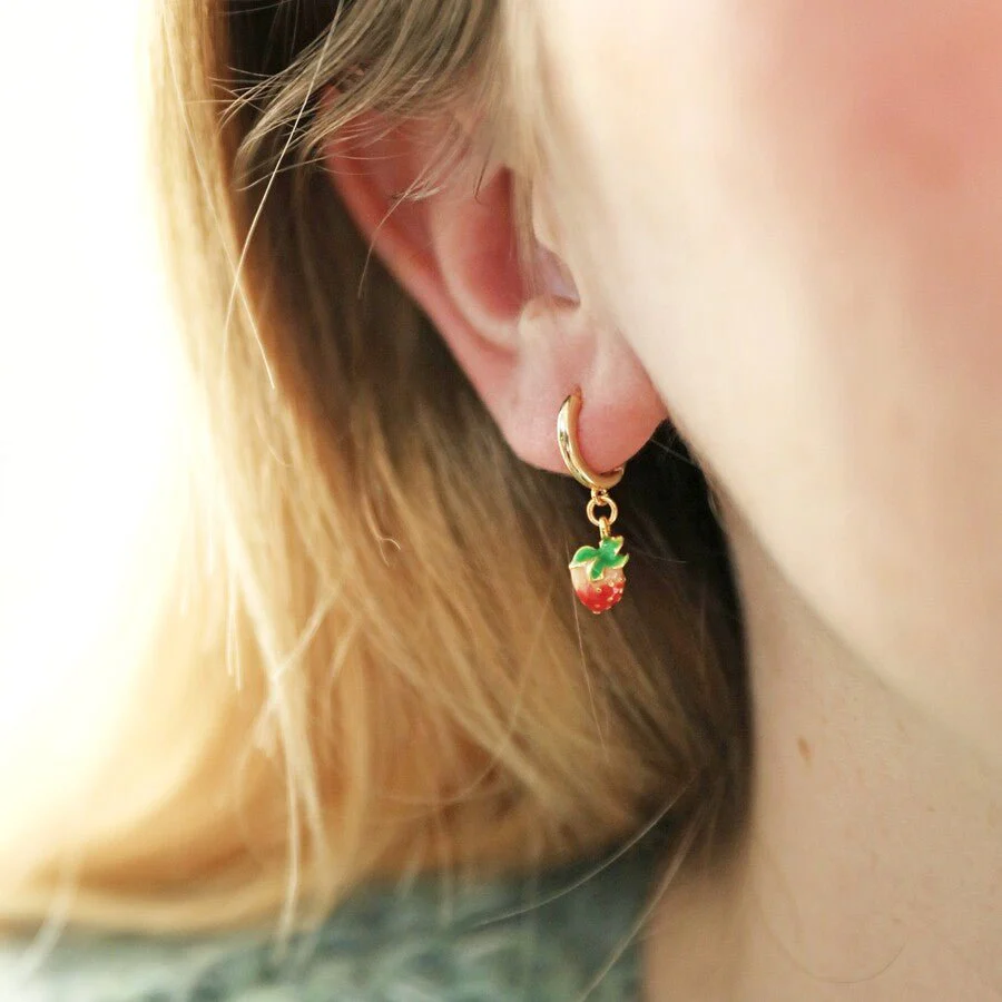 Lisa Angel Enamel Strawberry Huggie Hoop Earrings – Gold - Image 6
