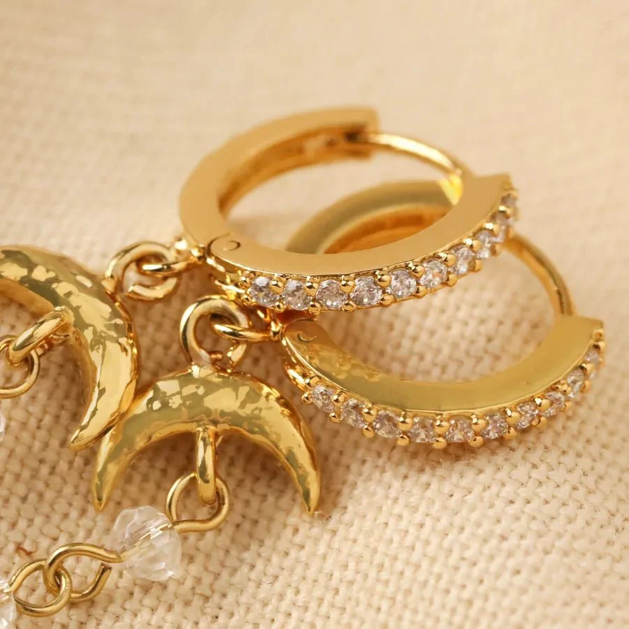 Lisa Angel Moon and Crystal Drop Chain Huggie Hoop Earrings in Gold - Image 2