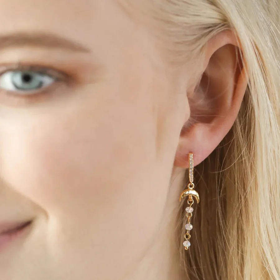 Lisa Angel Moon and Crystal Drop Chain Huggie Hoop Earrings in Gold - Image 4