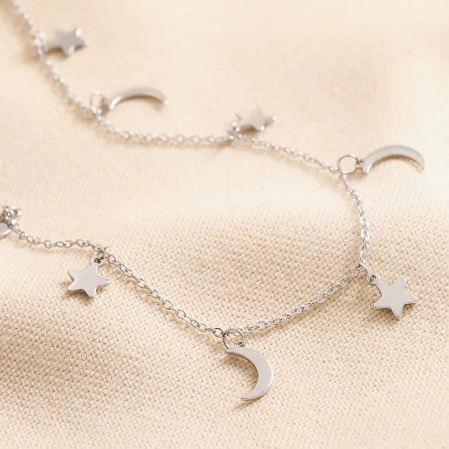 Lisa Angel Stainless Steel Star and Moon Charm Necklace