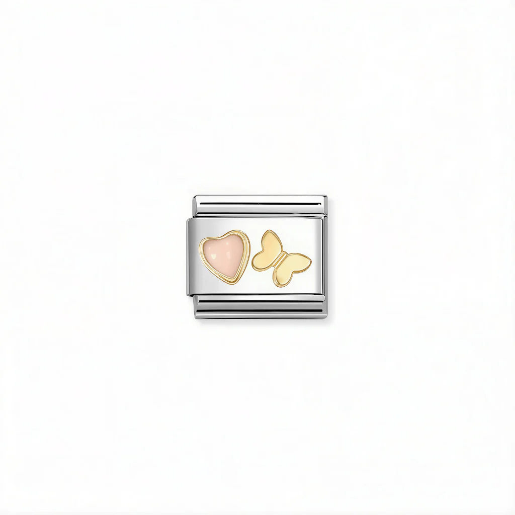 Nomination Composable Link - Pink Coral Heart & Butterfly in 18k Gold