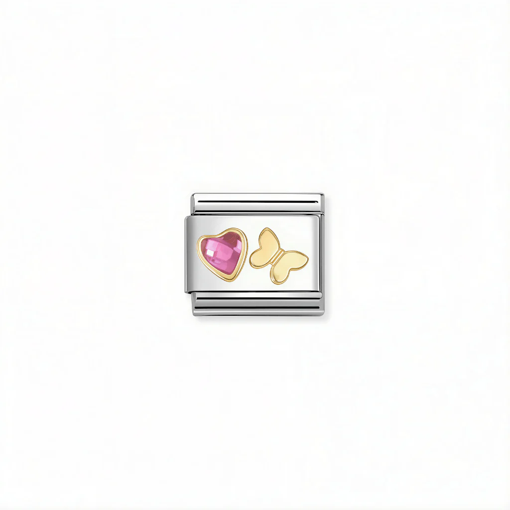 Nomination Composable Link - Pink Heart & Butterfly in 18k Gold