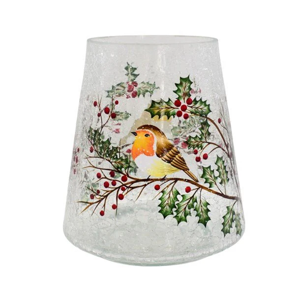 Robin & Holly Crackle Glass Candle Holder 22cm