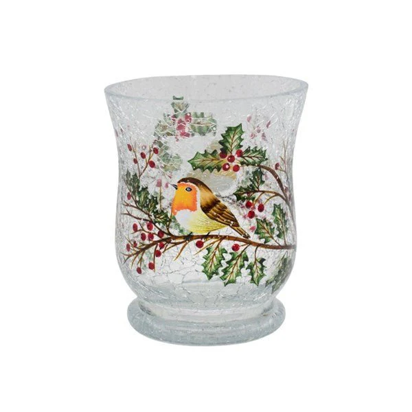 Robin & Holly Crackle Glass Hurricane 11cm