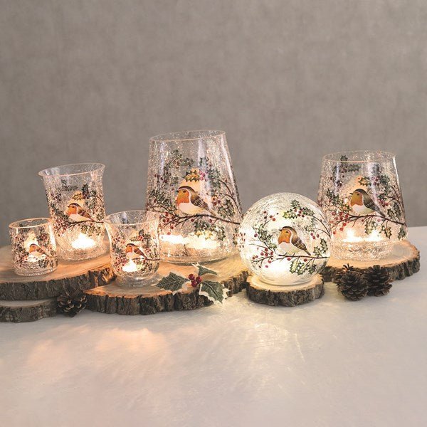 Robin & Holly Crackle Glass Hurricane 15cm – Christmas Candle Holder - Image 2