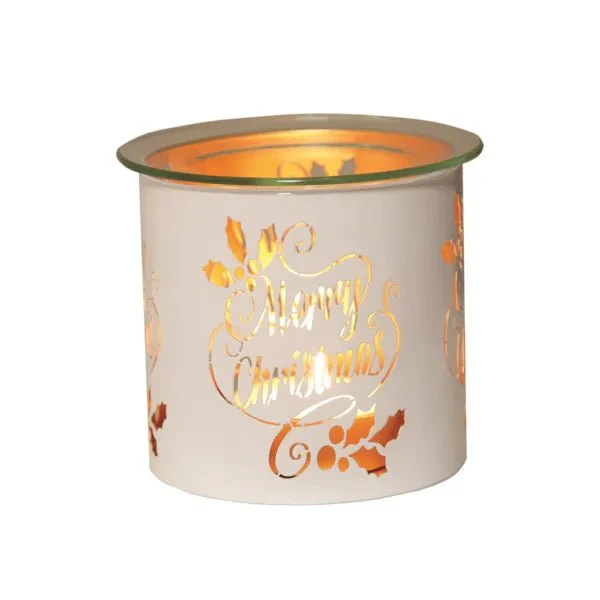Tealight Wax Melter and Candle Holder Merry Christmas White/Gold 10.5cm