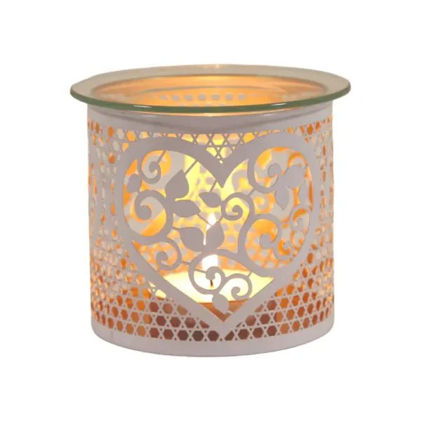 White Heart Cutout Wax Melt Burner – Metal & Glass