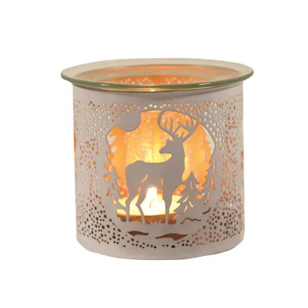 Reindeer Scene Wax Melt Burner – White & Gold Winter Forest