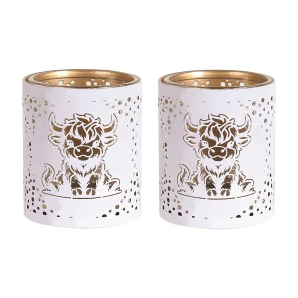 Votive Candle Holder  – White and Gold Highland Cow - Image 2